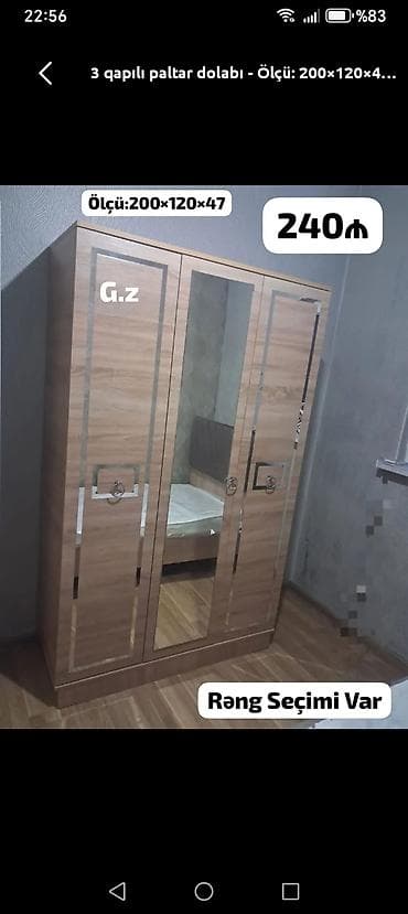 Mebel: Yeni, 3 qapılı, Güzgülü, Rəngli, Taxta, Açılan, Düz dolab — 1