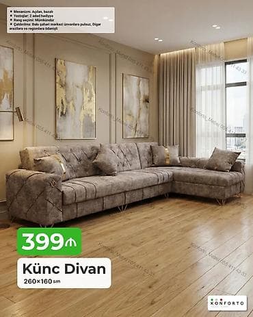 Künc divan — 260×160 sm - Mexanizm: açılan, bazalı (yataq funksiyası — 1
