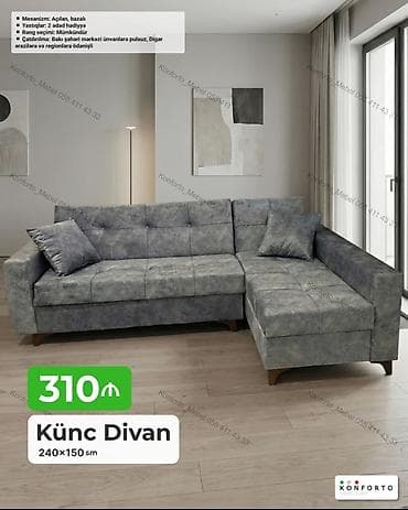 Künc divan – 240×150 sm - Funksional mexanizm: açılan, bazalı (yataq — 1