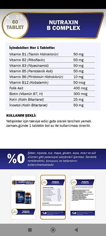 deri paltar: Nutraxin B Complex – 60 tablet Tərkib (1 tablet): - Vitamin B1 — 2