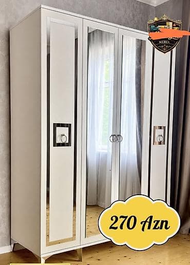 tap.az saatli: Ağ rəngli 4 qapılı geyim şkafı - Ön hissədə iki böyük güzgülü qapı — 1