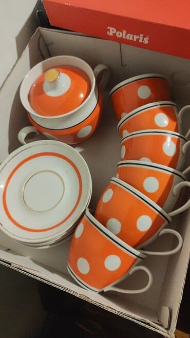 qədim mis qablar: Çay dəsti, rəng - Narıncı, 30 nəfərlik, Rusiya — 1