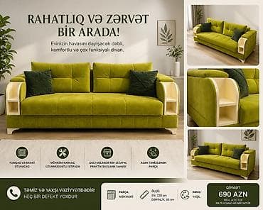 Divan, İşlənmiş, Açılan, Bazalı, Vеlur parça, Çatdırılma yoxdur