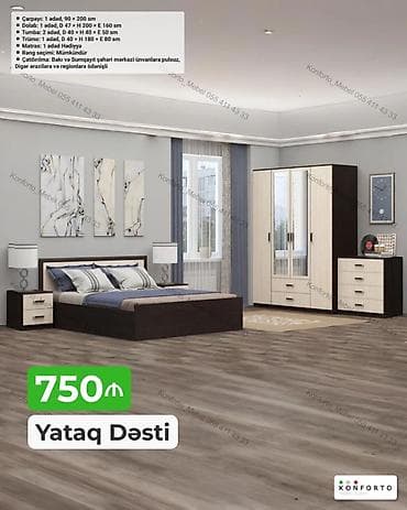 Yataq Dəsti – 750₼ Komplektə daxildir: - Çarpayı: 1 ədəd, 90 × 200 sm — 1