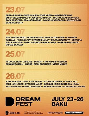nilufer baki konserti: Dream Fest – 23–26 İyul, Bakı fanzone
Yerin: Bakı
Tarixlər: 23–26 iyul — 1