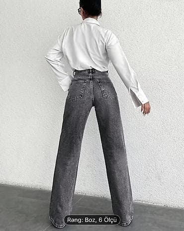 muncuqdan canta: Qadınlar üçün yüksək belli geniş kəsimli cins şalvar - Rəng: boz — 2