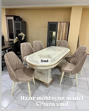 Yemək otağı üçün dəst – klassik üslubda oval süfrəli masa və 6 ədəd
