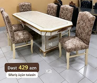 divar dekorlari: Yemək otağı dəsti – masa və 6 stul - Rəng: krem-ağ masa üstü qızılı — 1