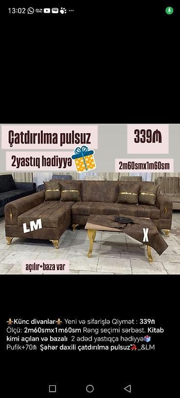 elif mebel: Künc divan, Açılan, Bazalı, Parça, Şəhərdaxili pulsuz çatdırılma — 2