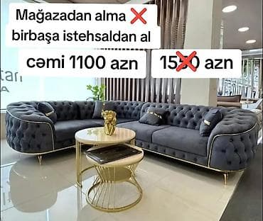 Divan və masa dəstləri: Luks bucaq divan – tünd boz rəng, “chesterfield” düyməli dizayn — 1