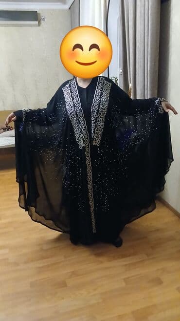 hazır hicab modelleri: Qara şifon abaya/kaftan - Model: geniş, “batwing” üslublu abaya – — 1