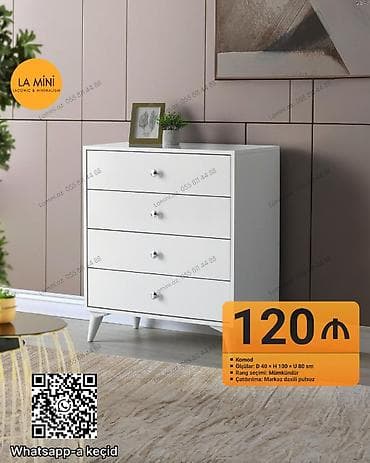 Ağ rəngdə, minimalist dizaynlı komod - 4 geniş çekmece: parlaq metal