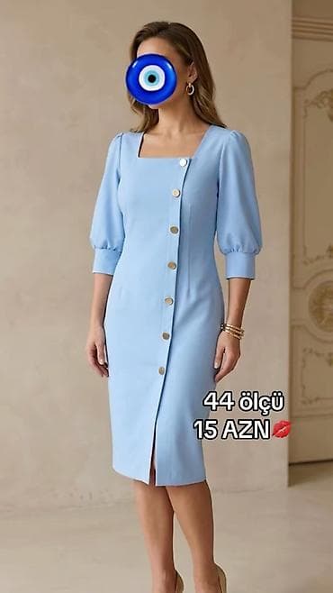 sumqayitda don: Göy rəngli zərif qadın paltarı - Kvadrat yaxalıq - Dizə qədər — 1