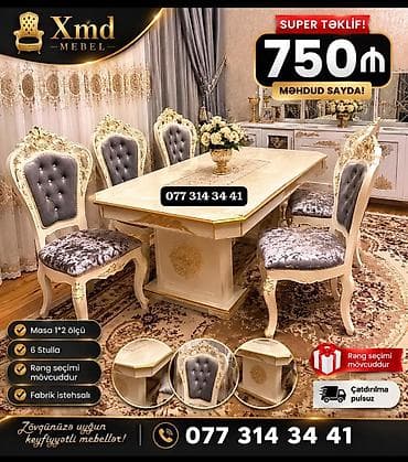 mebel satilir: Mebel dəsti – Masa və 6 stul - Masa ölçüsü: 1×2 m - Komplekt: 1 masa — 2