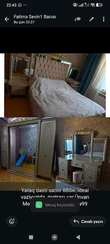 matras satisi: Yataq dəsti satılır 880₼. ideal vəziyyətdə. matrası var.Ünvan — 1