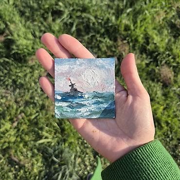 Velosiped ehtiyyat hissələri: Mini akril boya tablo – dəniz mənzərəsi - Texnika: qalın fırça və — 1