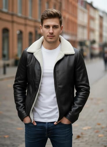 dəri gödəkçələr kişi: Kişi üçün dərili qış gödəkçəsi - Rəng: qara (xarici hissə), içlik — 1