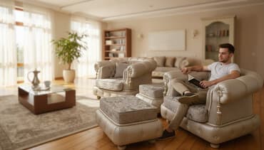 dəri: Klassik divan, 2 kreslo, Pufik, Divan, Açılan — 1