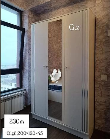 Yeni, 3 qapılı, Güzgülü, Ağ, Digər material, Açılan, Düz dolab