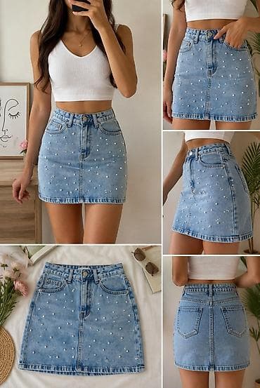 Ətəklər: Denim mini ətək – mirvari dekorlu - Material: klassik mavı denim — 1