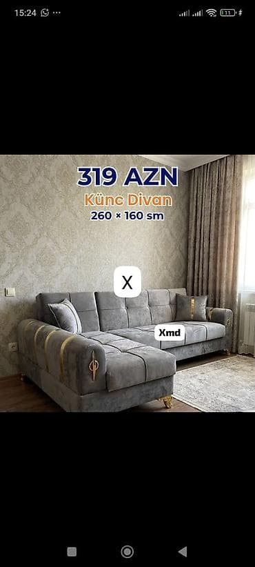 Ev üçün mebel: Künc divan – 260 × 160 sm - Model: künc (L-şəkilli) divan - Ölçü: 260 — 1