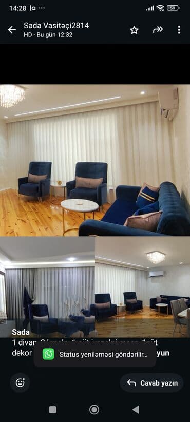 *Sada* 1 divan, 2 kreslo, 1 cüt jurnalni masa, 1cüt dekor perde ve