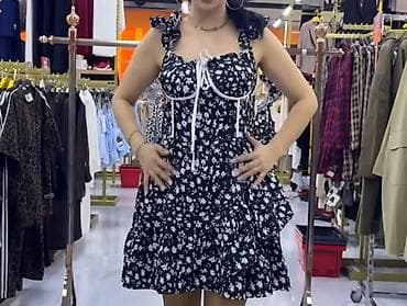cins donlar: Qara-ağ çiçək naxışlı qadın paltarı S/M - Model: mini uzunluq — 2