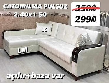 mebil: L‑şəkilli yumşaq künc divan - Ölçü: 2.40 x 1.50 m - Açılır mexanizmli — 1