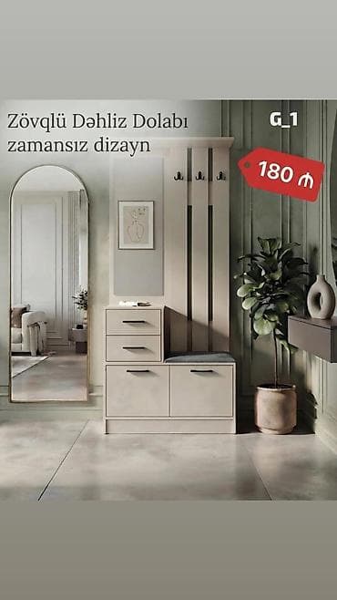 Ağ rəngdə dəhliz dolabı, ayaqqabı saxlama bölməsi, oturacaq və