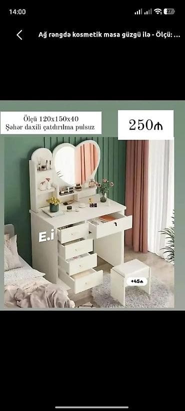 set mebel: Ağ rəngdə kosmetik masa güzgü ilə - Ölçü: 120×150×40 sm - Ürək — 1