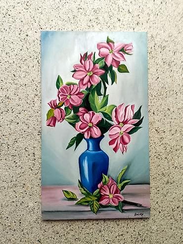 Elektrik nəqliyyatı: Əl işi rəsm əsəri – “Çəhrayı çiçəklər mavi vazoda” - Texnika: yağlı — 1