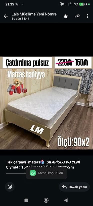 tek kravat: *Tək çarpayı+matras🎁* _*SİFARİŞLƏ VƏ YENİ*_ *Qiymət : 150₼*(1ədədi) — 1