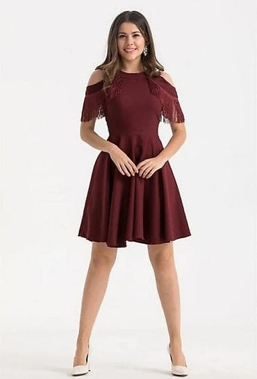 Bordo rəngli qısa ziyafət geyimi - Model: soyuq çiyin kəsimi