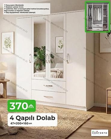perla dolab: 4 Qapılı Dolab – 47×200×160 sm - Material: 18 mm laminat - Rəng — 1