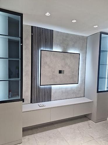 кухонный гарнитур: Mebel və interyer həlli – TV zonası + vitrin modulları + mətbəx — 1