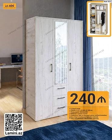 3 qapılı geyim dolabı - Kod: 1077 - Ölçü: D 47 × H 200 × E 120 sm - — 1