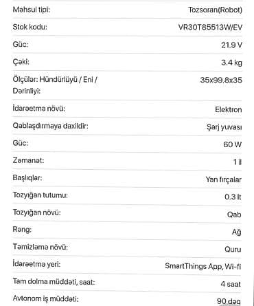 apple 8: Samsung Jet Bot+ robot tozsoran (model: VR30T85513W/EV) Texniki — 2