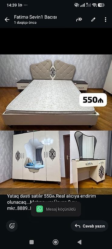 9cu mikrorayon: Yataq dəsti satılır 550₼.Real alıcıya endirim olunacaq. Matrası — 1