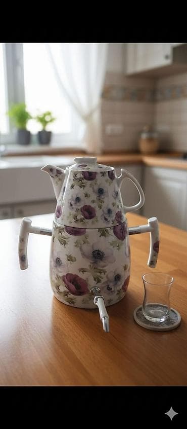 elektrik samovar satisi: Porselen samovar dəsti – çiçək naxışlı - Material: istiliyədavamlı — 1