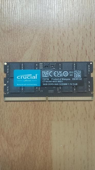 16 ram: Operativ yaddaş (RAM) Crucial, 16 GB, > 4000 Mhz, DDR5, Noutbuk üçün — 1