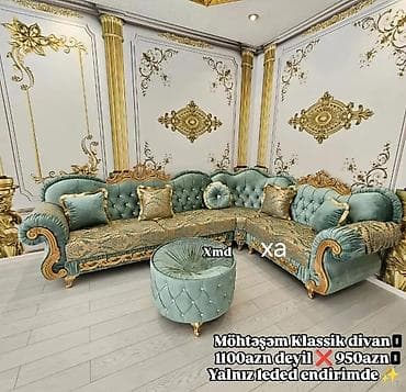 Möhtəşəm klassik künc divan dəsti - Rəng: zərif pastel yaşıl - Üslub