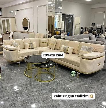 divan dəsdi: L‑şəkilli salon divan dəsti - Rəng: açıq krem/bej - Klassik-modern — 1