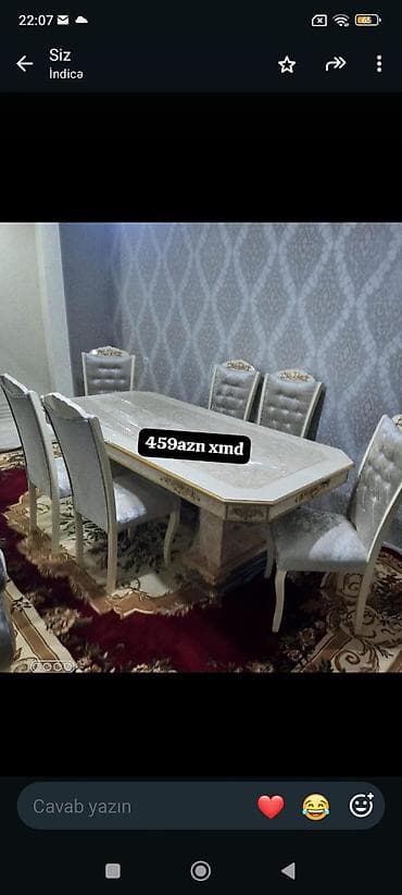 stul bar: Məhsul: Klassik dizaynlı yemək otağı dəsti Tərkibi: - Dördkünc, geniş — 1