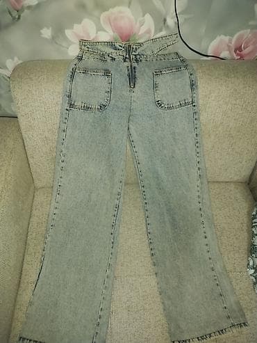 Yüksək belli qadın cins şalvar - Rəng: açıq boz/stone-wash - Kəsim