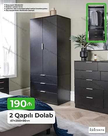 borular: 2 qapılı şkaf – 47×200×90 sm - Material: 18 mm laminat - Daxili — 1