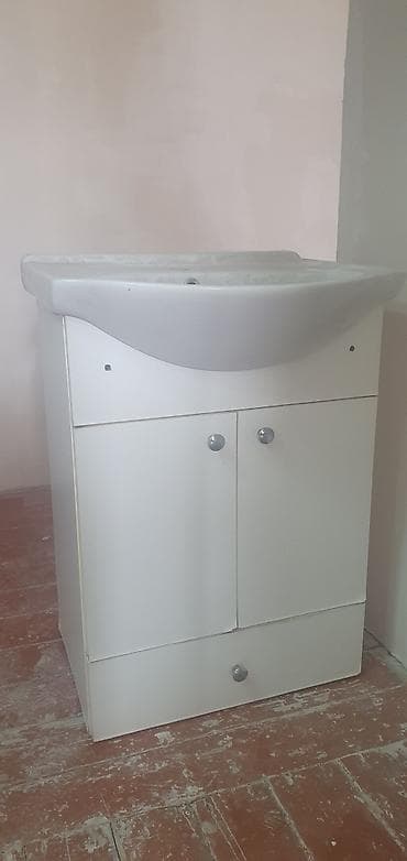 hamam dolapları: Hamam üçün əl üzüyü/lavabo ilə şkaf dəsti - Ağ rəngli keramika — 2