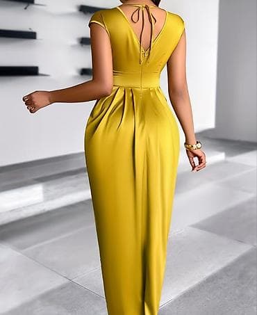 beden kremi: Qadın geyimi – zərif sarı maxi don • Model: büzməli ön hissə və — 3