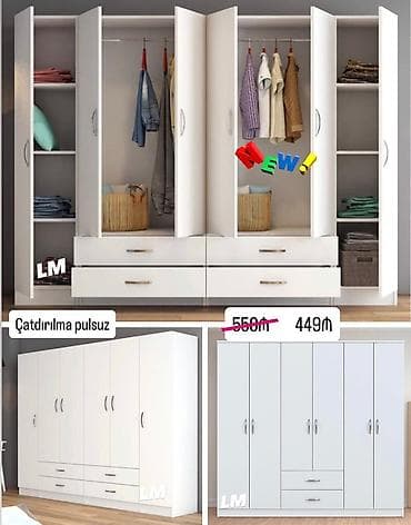 Ağ rəngli çoxfunksiyalı paltar şkafı - 6 qapılı, müasir minimal