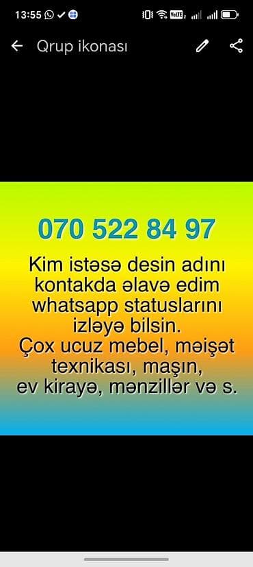 telegram iş qrupları: Xidmət: WhatsApp statuslarında endirimli elanlar paylaşımı Təsvir: - — 1