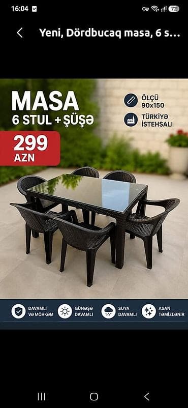 Dördbucaq masa dəsti – 6 stul + şüşə üstlü masa Xüsusiyyətlər: - at lalafo.az Dördbucaq masa dəsti – 6 stul + şüşə üstlü masa Xüsusiyyətlər: -